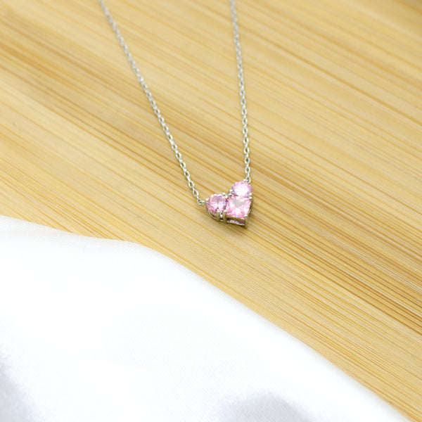 Pink Heart Zirconia Necklace - White Rhodium Filled