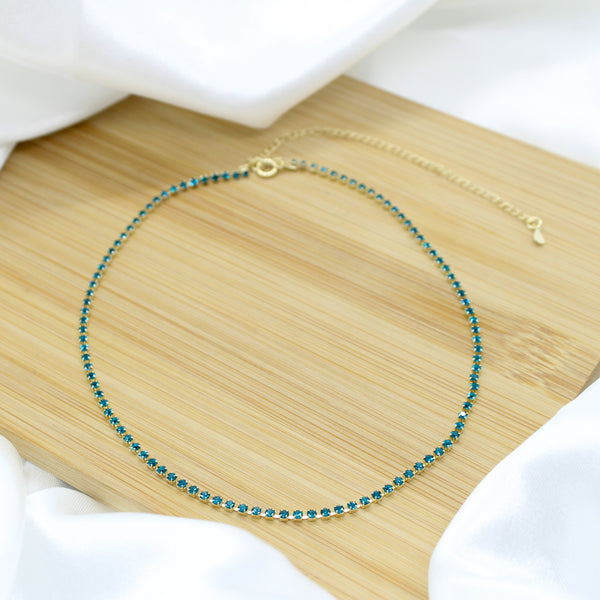 Crystal Blue Tennis Necklace Choker - 18k Gold Filled