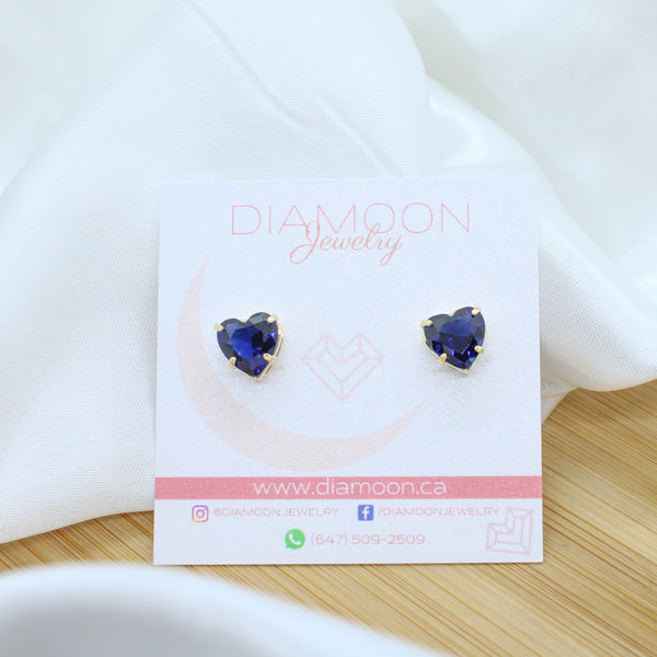Dark Blue Cubic Zirconia Heart Stud Earrings (10mm) - 18k Gold Fille