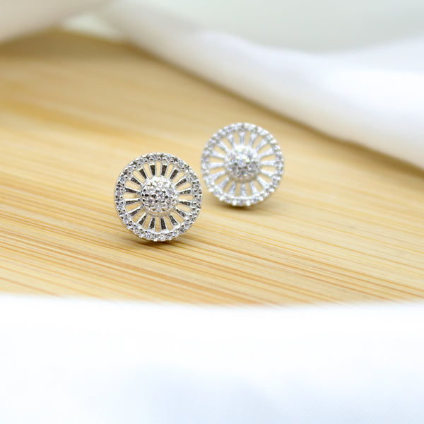 Cubic Zirconia Round Pizza Stud Earrings - White Rhodium Filled