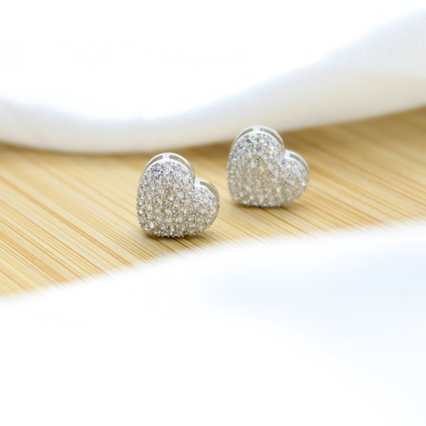 Cubic Zirconia Heart Stud Earrings - White Rhodium Filled