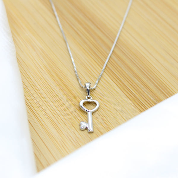 Heart Key Necklace - White Rhodium Filled