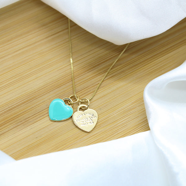 Double Light Blue Hearts Necklace - 18k Gold Filled