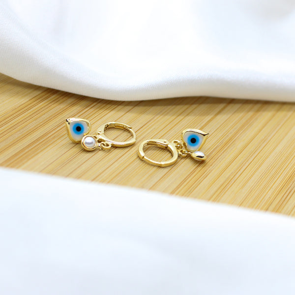 Heart Evil Eye and Pearl Pedant Hoop Earrings - 18k Gold Filled