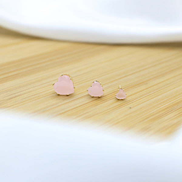Matte Pink CZ Heart Stud Earrings Set - 18k Gold Filled